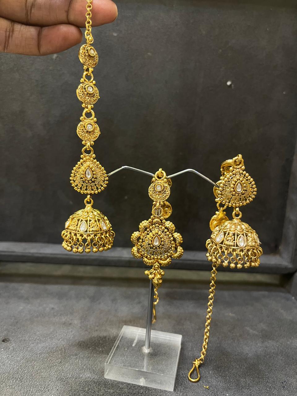 Earrings jumki or tikka antique gold plated with clear Kundan work